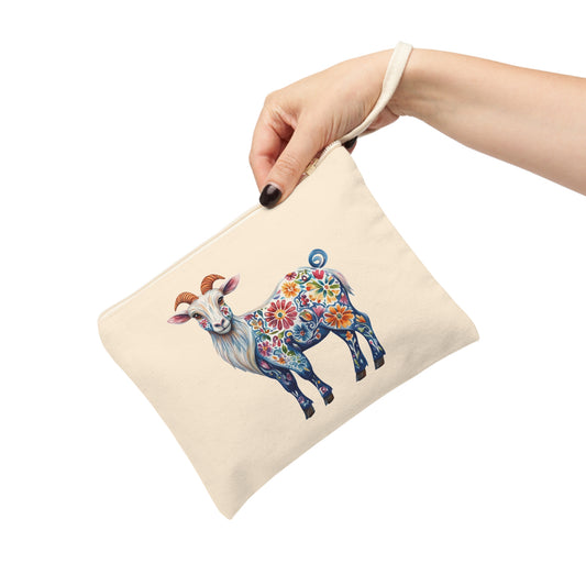 Floral Goat Folk Art Zipper Pouch, Cute Animal Pouch, Eco-Friendly Organizer, Gift for Animal Lovers, Colorful Storage Bag
