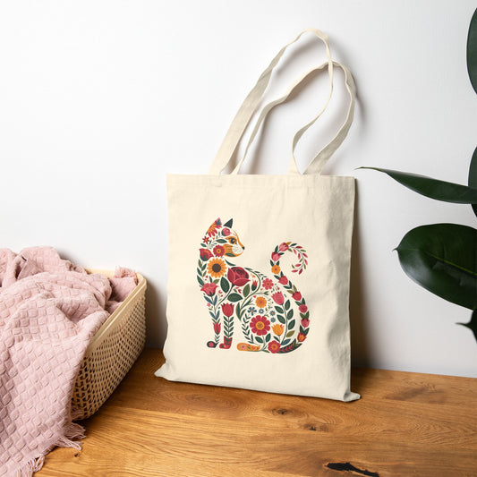 Floral Cat Canvas Tote Bag, Eco-Friendly Shopping Bag, Gift for Cat Lovers, Reusable Grocery Tote, Sustainable Bag