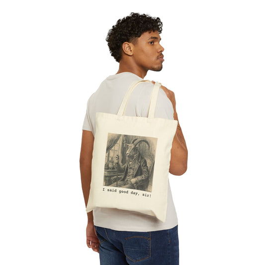 I said good day, Sir! Whimsical Dickens Goat Chic Cotton Canvas Tote Bag - Stylish Eco-Friendly Shopping Bag, Gift for Her, Reusable Grocery Bag, Art Lover Tote, Quirky Design