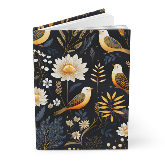 Floral Birds Hardcover Journal — Gold & Navy Botanical Notebook