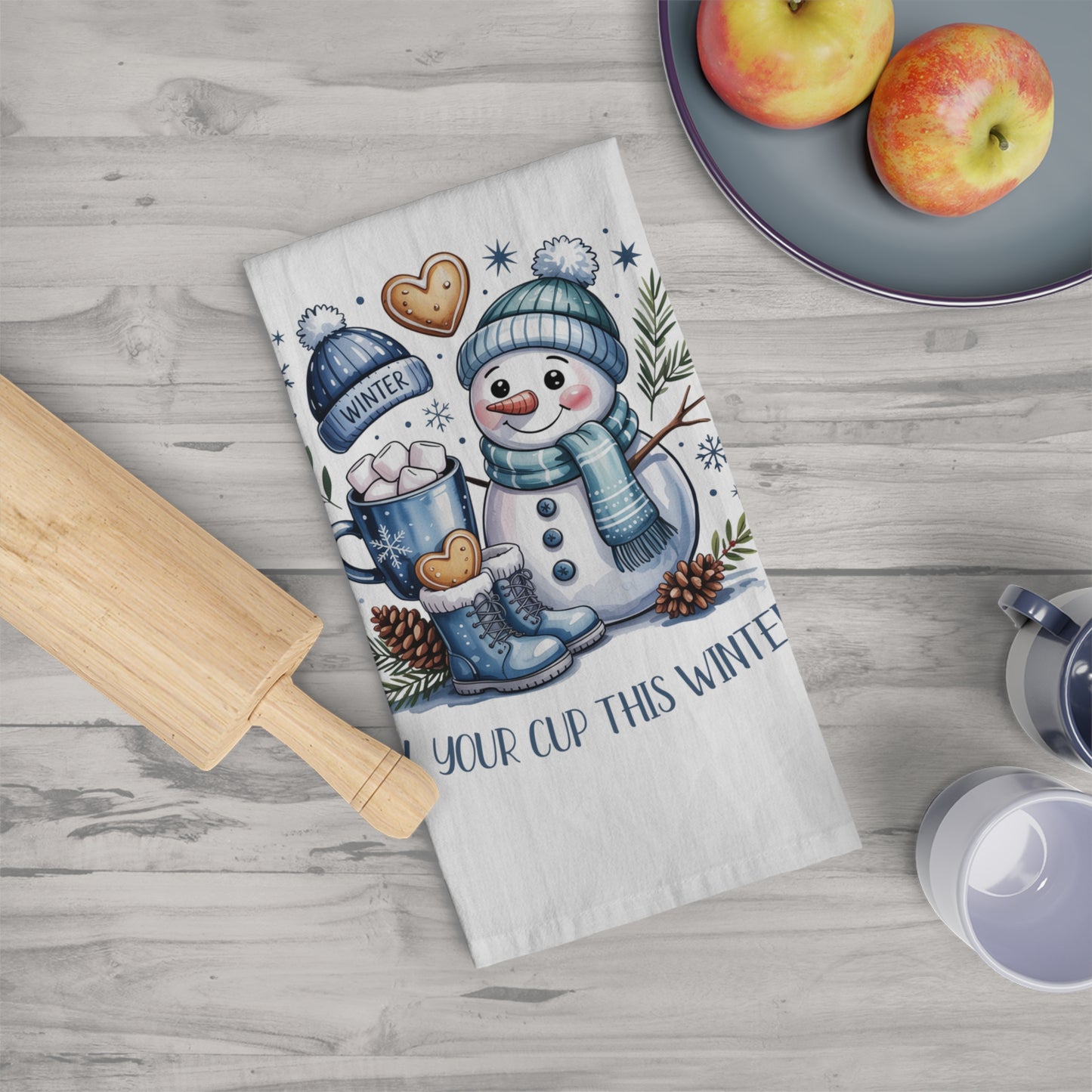 Snowman Winter Tea Towel - "Fill Your Cup This Winter"