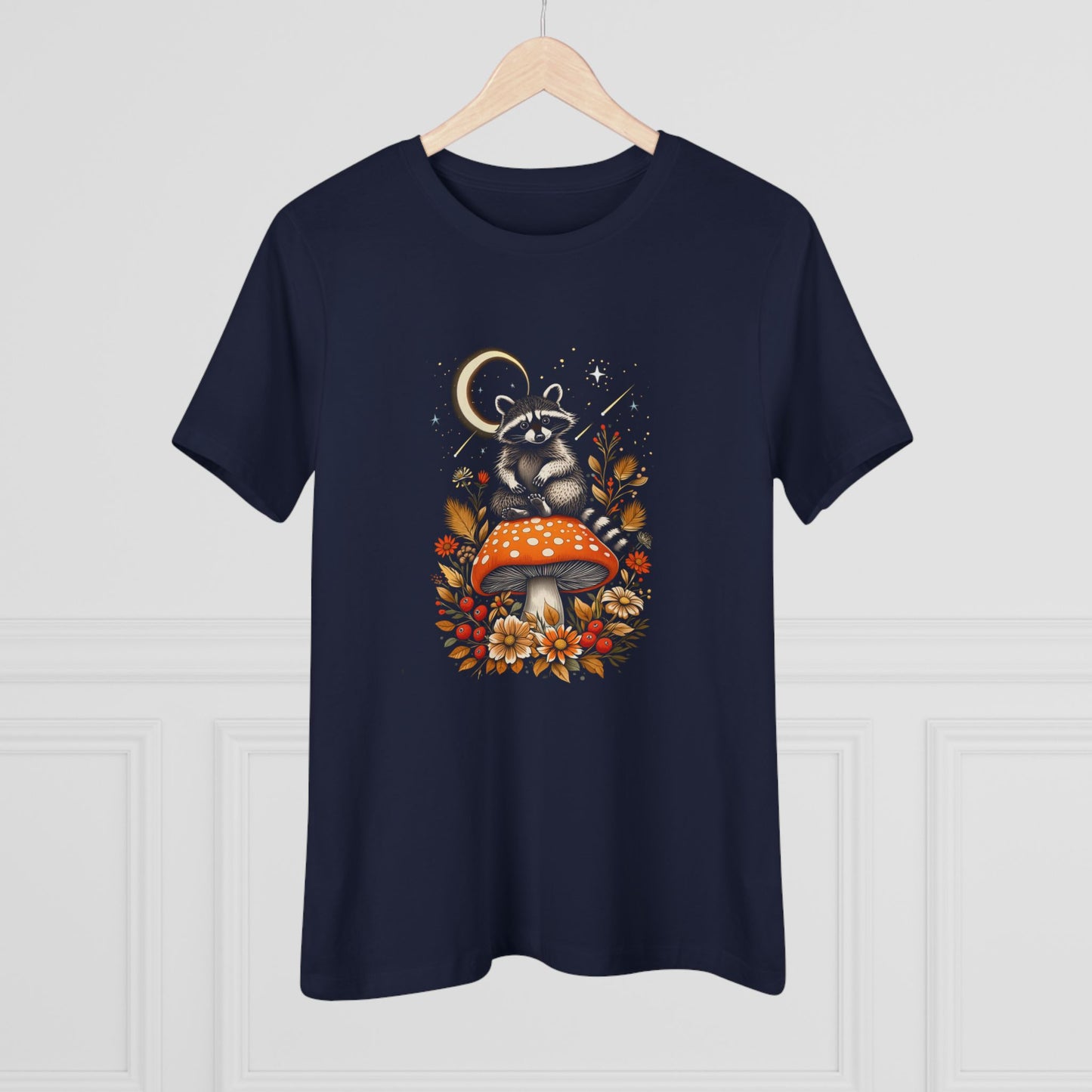Mushroom Whimsical Raccoon Women's Cotton Tee - Cute Nature Shirt for Animal Lovers, Gifts for Moms, Fall Fashion, Eco-Friendly Wear