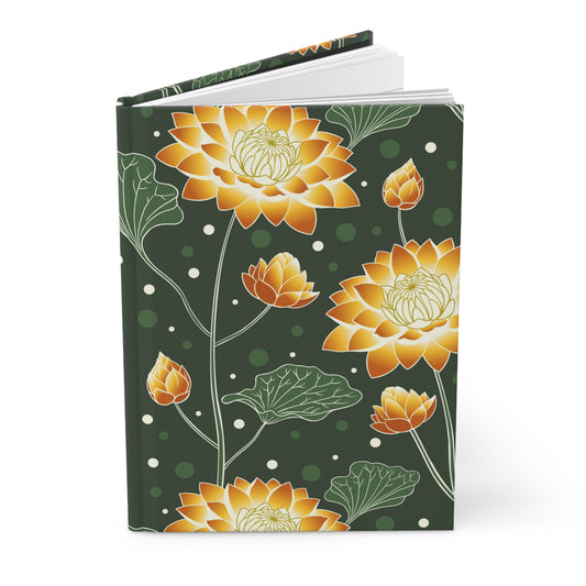 Floral Lotus Hardcover Journal — Matte Green & Golden Bloom Notebook