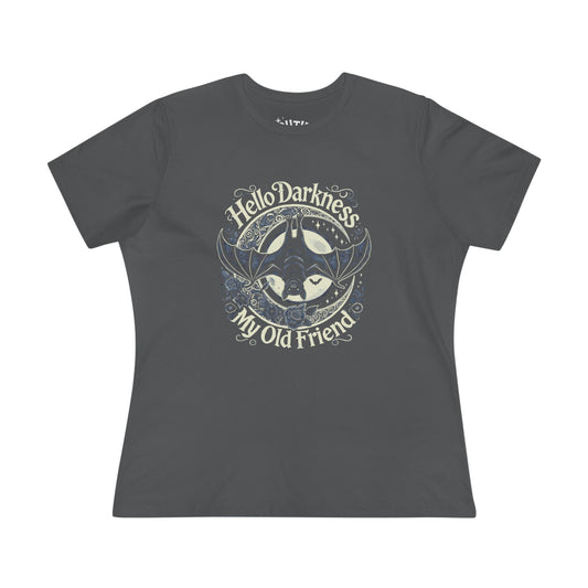 Bat Hello Darkness Dark Humor Women's Cotton Tee, Funny Graphic Top, My Old Friend Shirt, Gift for Music Lovers, Casual Wear for Any Occasion