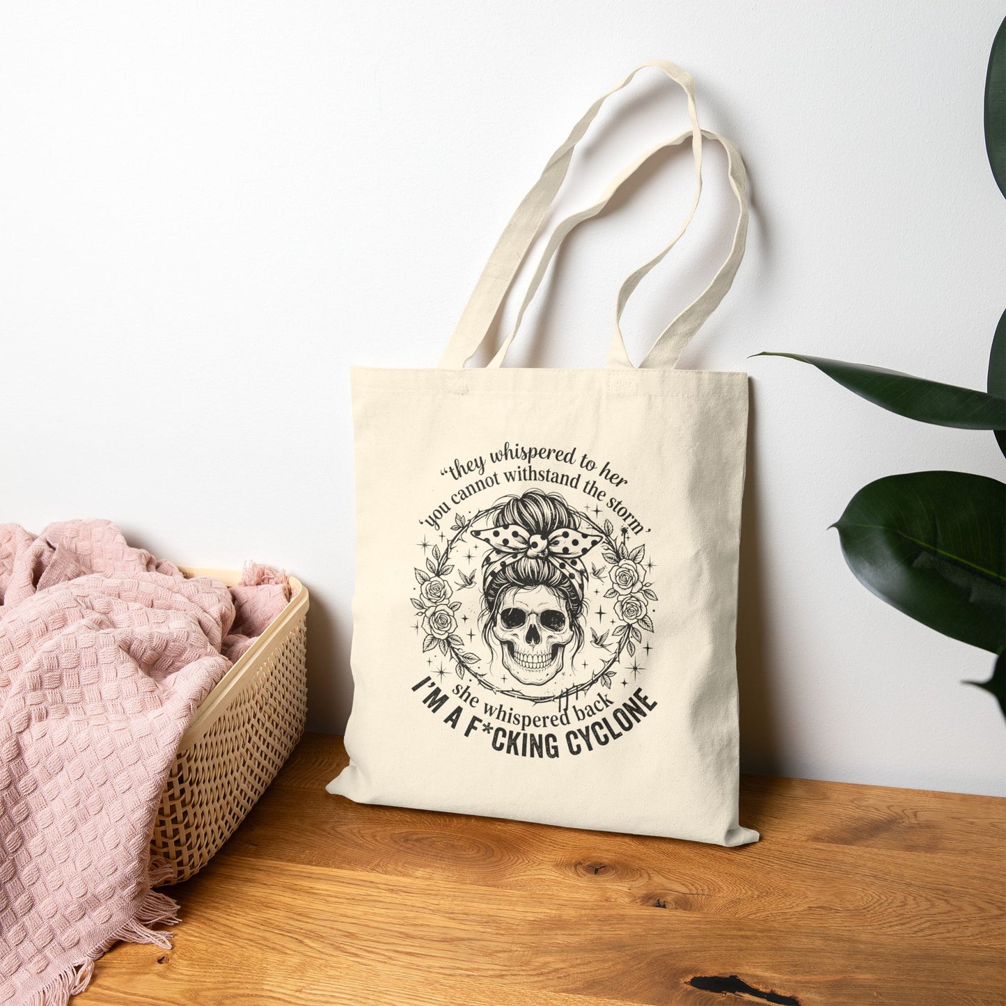 Tote Bag — "I’m a F*cking Cyclone" Skull Floral Canvas Tote