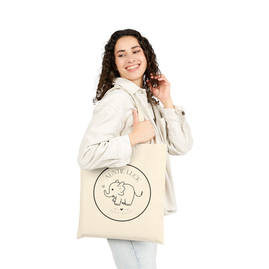 Signature Auntie Luck Logo Elephant Cotton Canvas Tote Bag | Eco-Friendly Shopping, Gift for Kids, Cute Animal Lover, Birthday Bag, Nursery Decor
