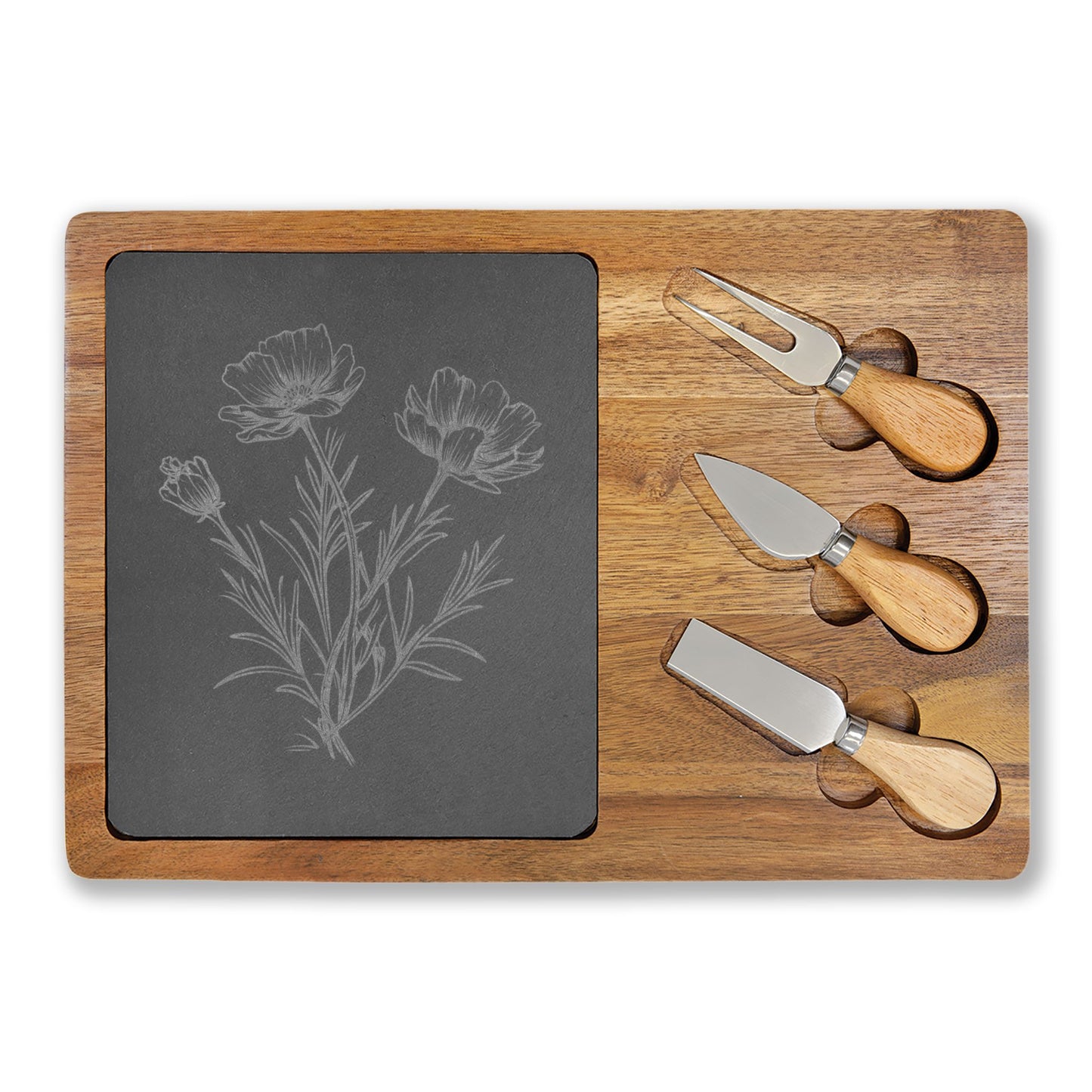 Engraved Charcuterie Board with Cheese Knives - Wildflower