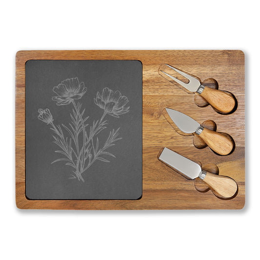 Engraved Charcuterie Board with Cheese Knives - Wildflower
