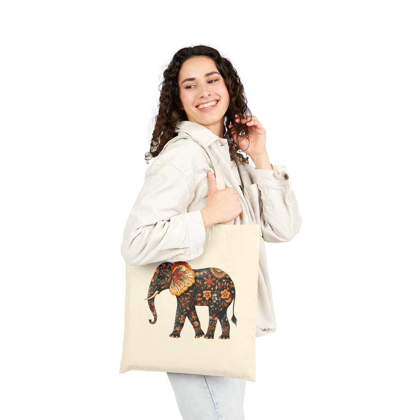 Elephant Whimsical Floral Folk Art Cotton Canvas Tote Bag, Eco-Friendly Grocery Bag, Book Bag, Beach Bag, Reusable Shopping Tote