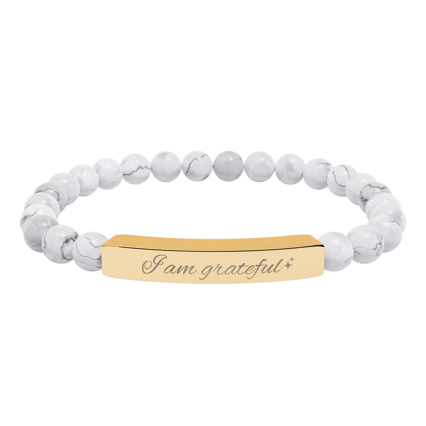 Engraved Natural Stone Stretch Bar Bracelet — "I am Grateful"