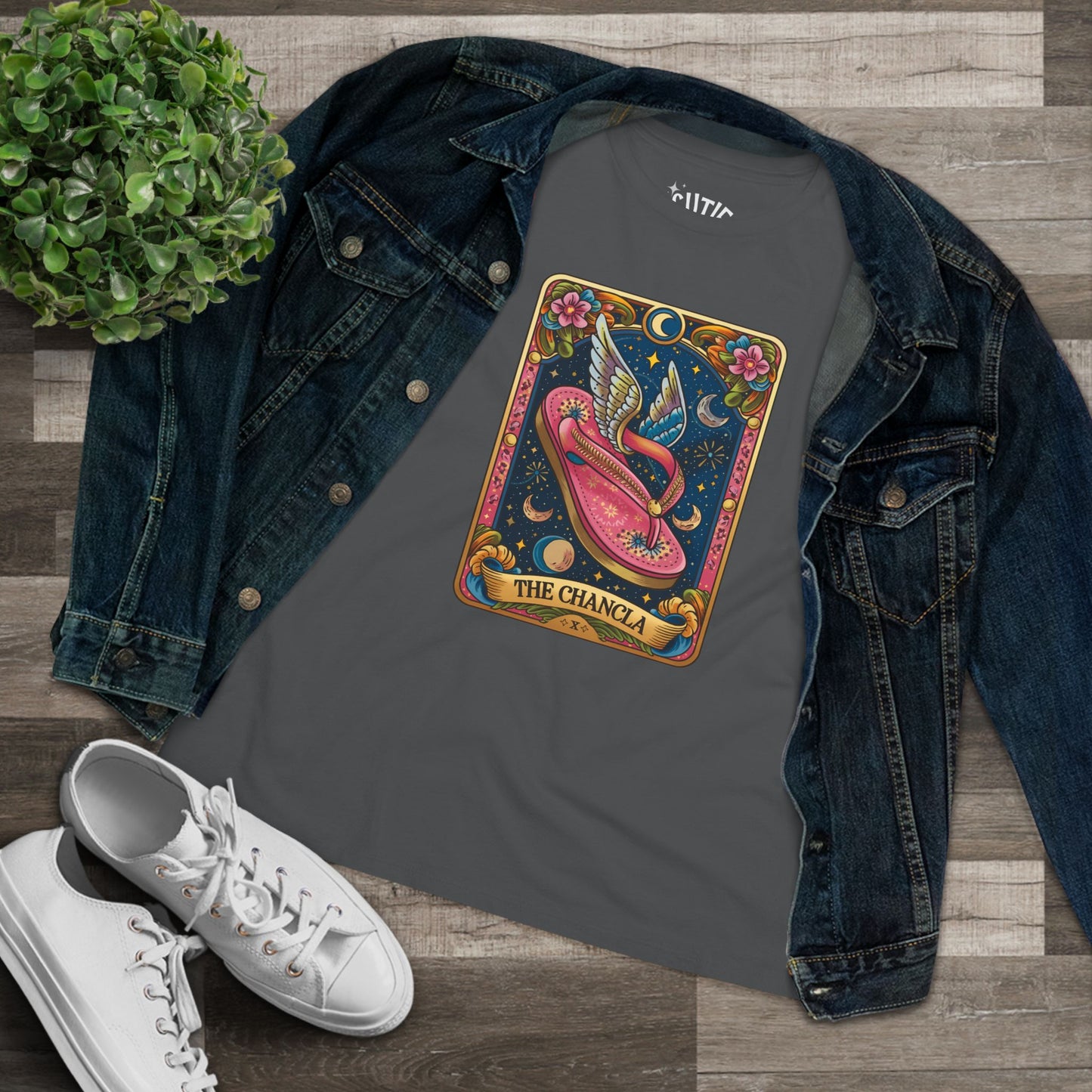 The Chancla Tarot Card Women's Cotton Tee - Boho Funny Winged Sandal Shirt