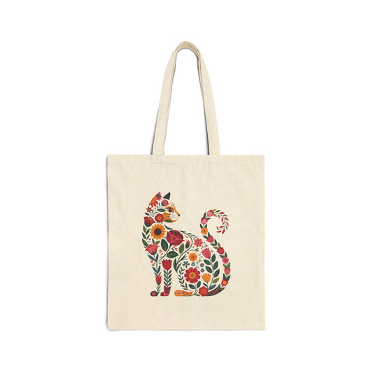 Floral Cat Canvas Tote Bag, Eco-Friendly Shopping Bag, Gift for Cat Lovers, Reusable Grocery Tote, Sustainable Bag