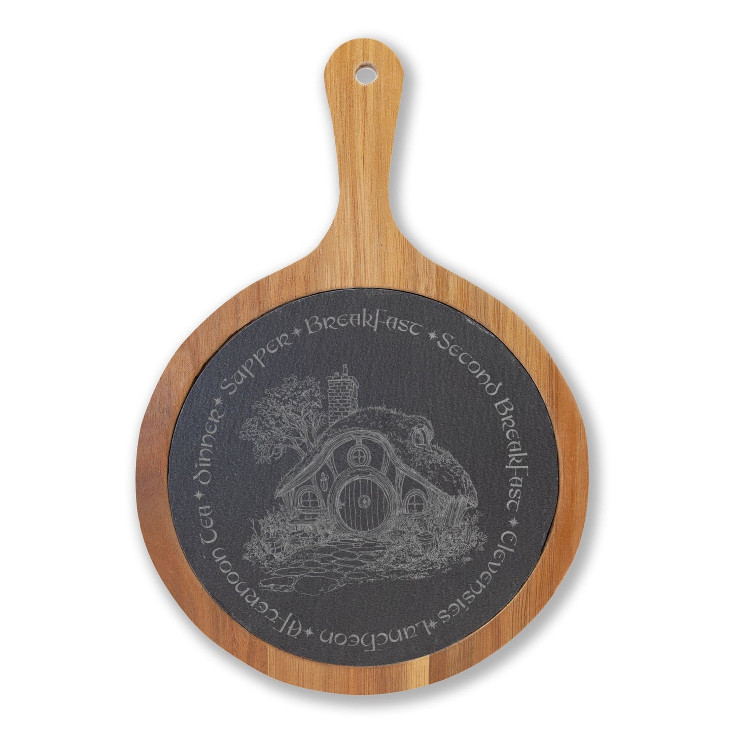 Hobbit Meals Engraved Bamboo Charcuterie Board with Slate Insert & Cheese Tool