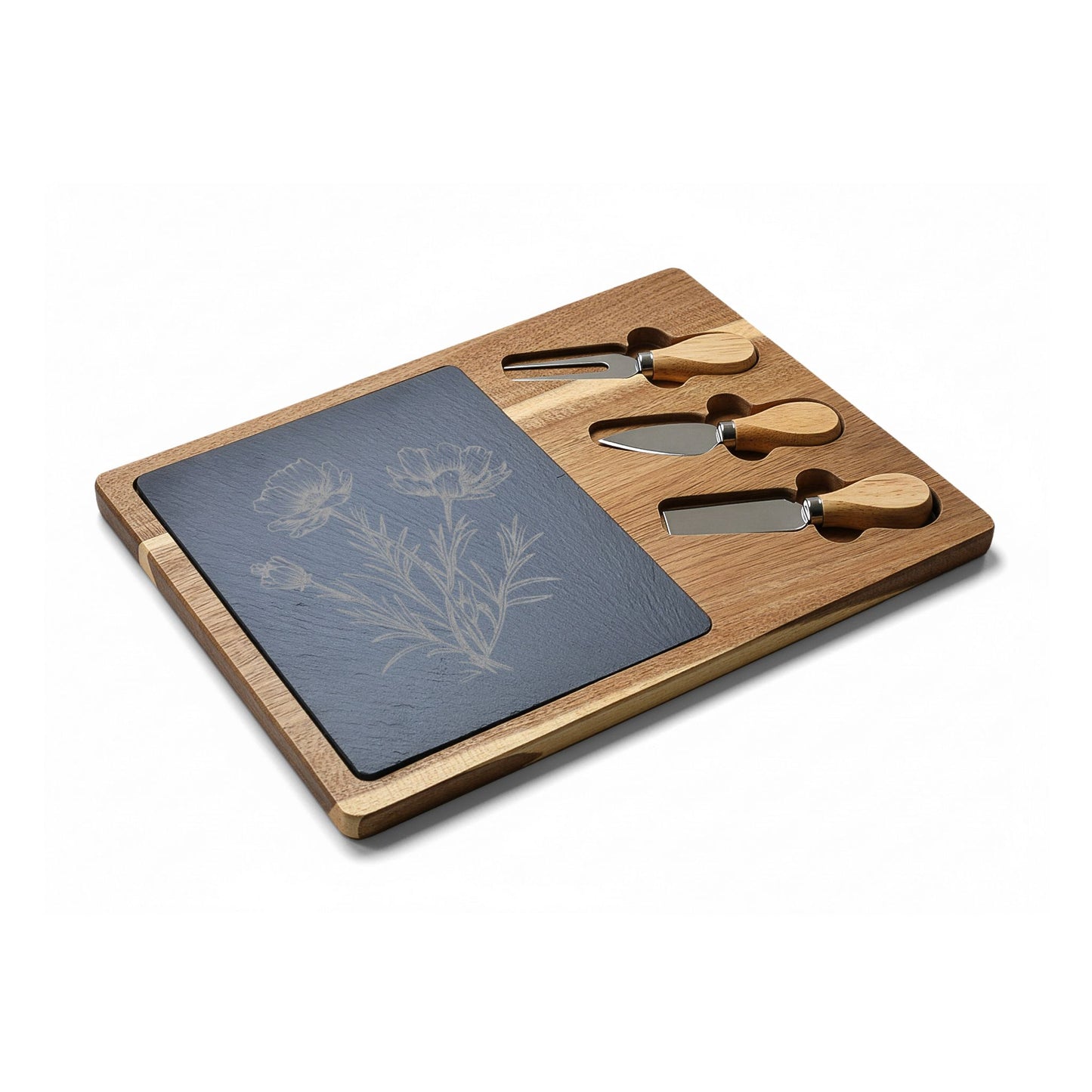 Engraved Charcuterie Board with Cheese Knives - Wildflower