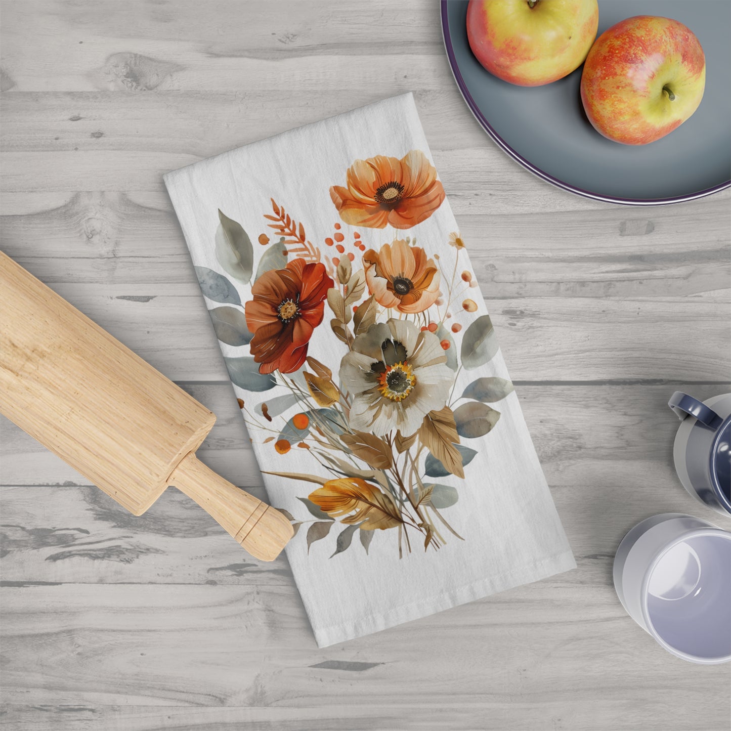 Watercolor Fall Flowers Tea Towel - Rustic Kitchen Decor & Hostess Gift