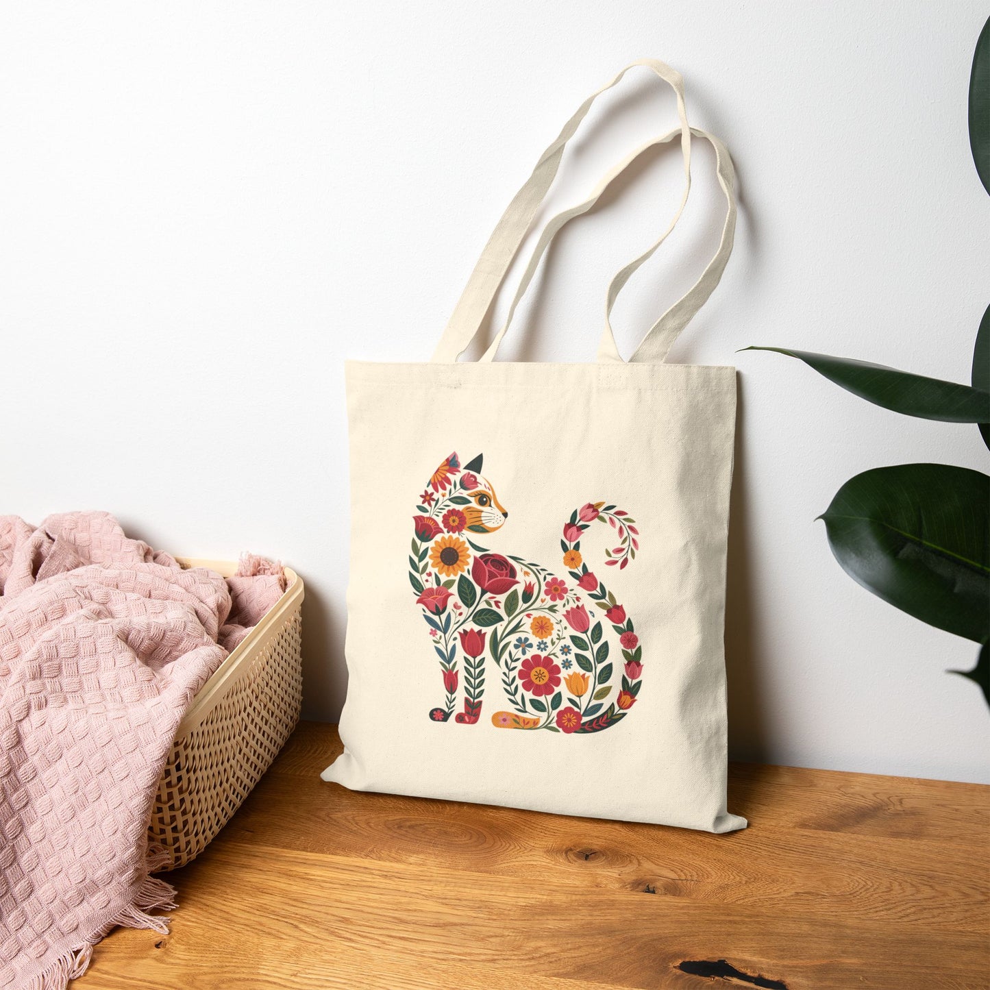 Floral Cat Canvas Tote Bag, Eco-Friendly Shopping Bag, Gift for Cat Lovers, Reusable Grocery Tote, Sustainable Bag
