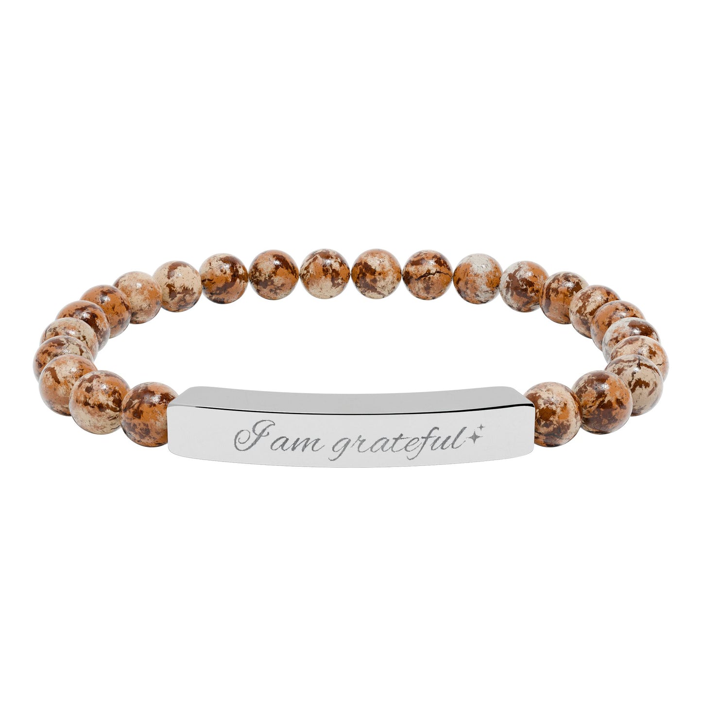 Engraved Natural Stone Stretch Bar Bracelet — "I am Grateful"