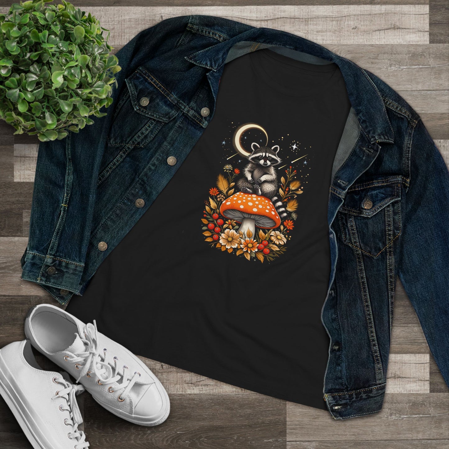 Mushroom Whimsical Raccoon Women's Cotton Tee - Cute Nature Shirt for Animal Lovers, Gifts for Moms, Fall Fashion, Eco-Friendly Wear