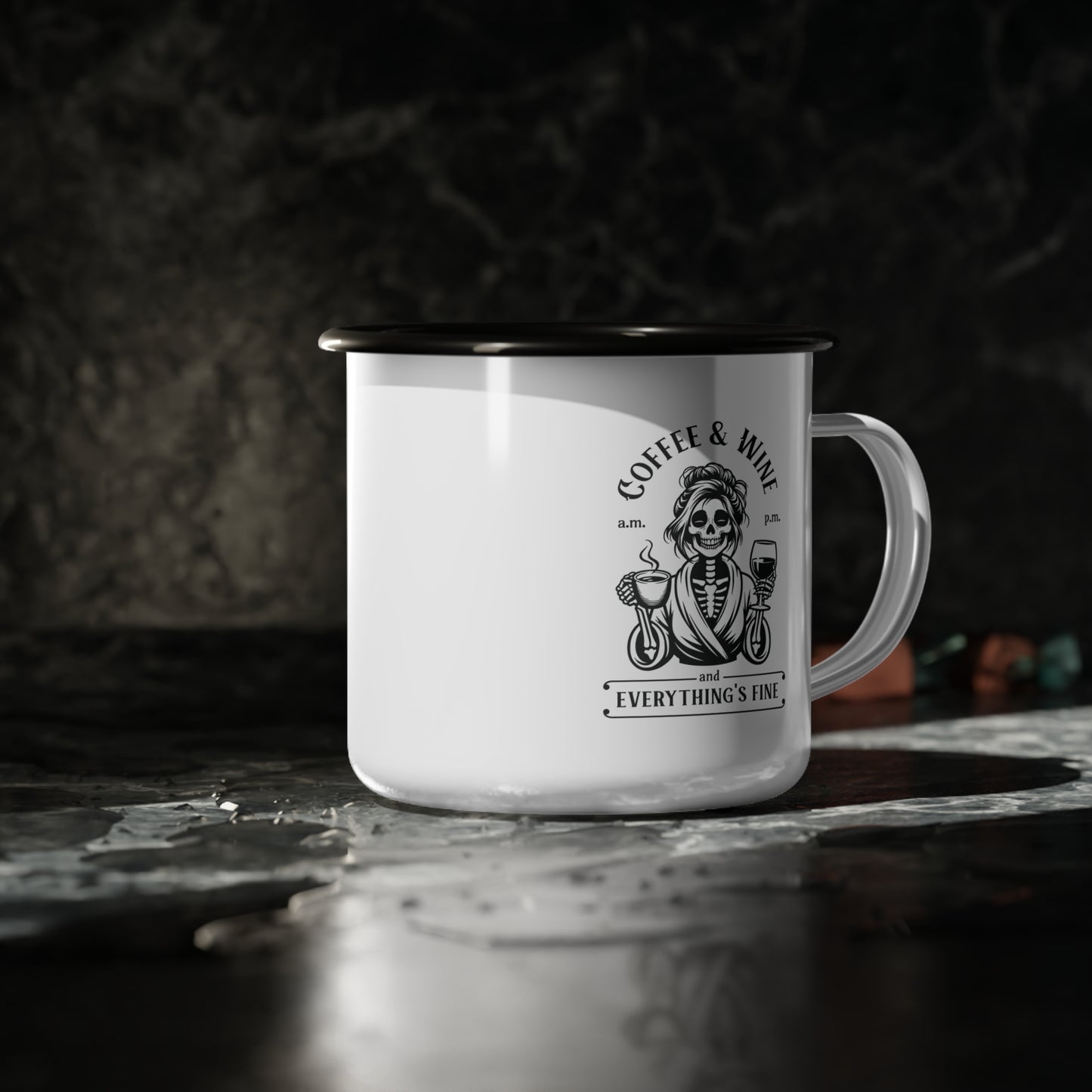 Enamel Camp Cup Mug - Skeleton Coffee & Wine Retro Design