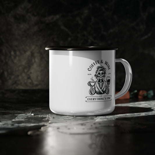 Enamel Camp Cup Mug - Skeleton Coffee & Wine Retro Design