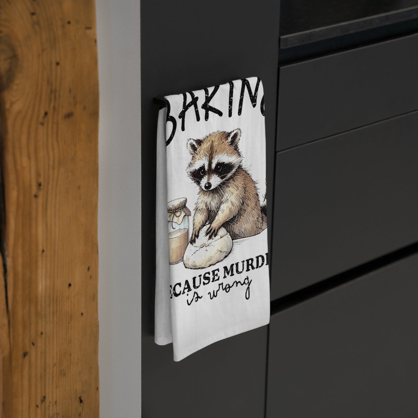 Tea Towel - Raccoon 'Baking Because Murder Is Wrong' Kitchen Towel