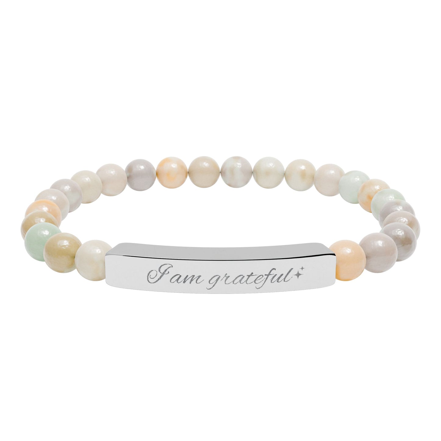 Engraved Natural Stone Stretch Bar Bracelet — "I am Grateful"