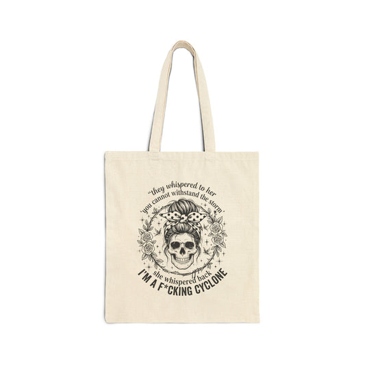 Tote Bag — "I’m a F*cking Cyclone" Skull Floral Canvas Tote