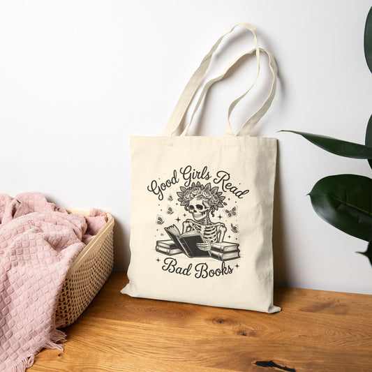 Good Girls Read Bad Books Skeleton Tote Bag, Literary Gift, Book Lover Tote, Romantasy Book Lovers, Skeleton Design, Reading Accessory