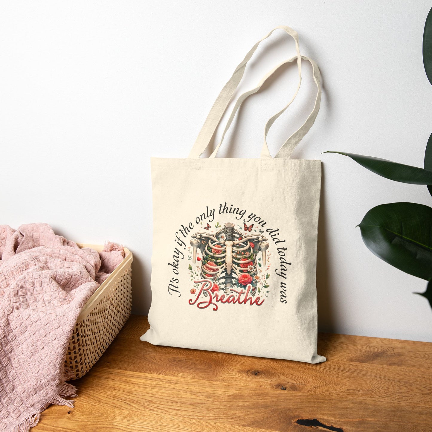 Breathe Tote Bag — Floral Ribcage "Breathe" Design