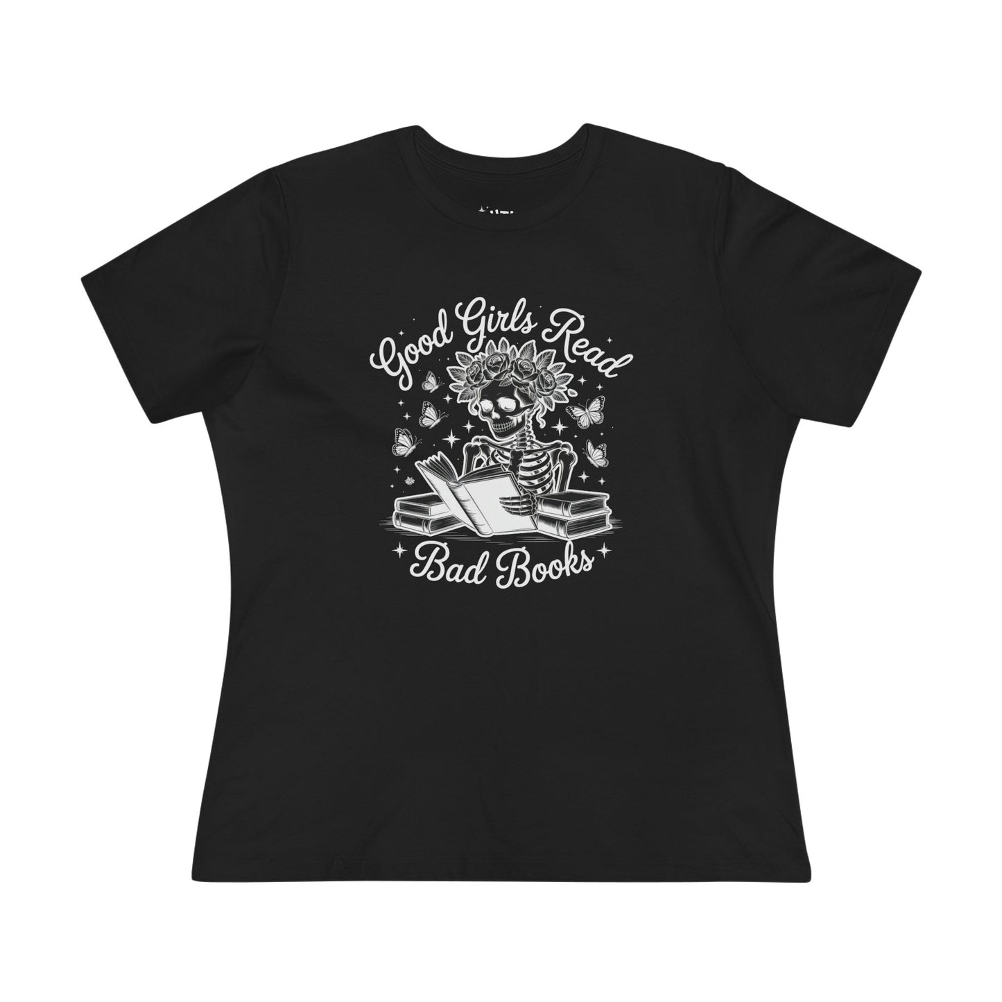 Reading Skeleton Cotton Tee, Good Girls Read Bad Books - Romantasy Book Lover Gift