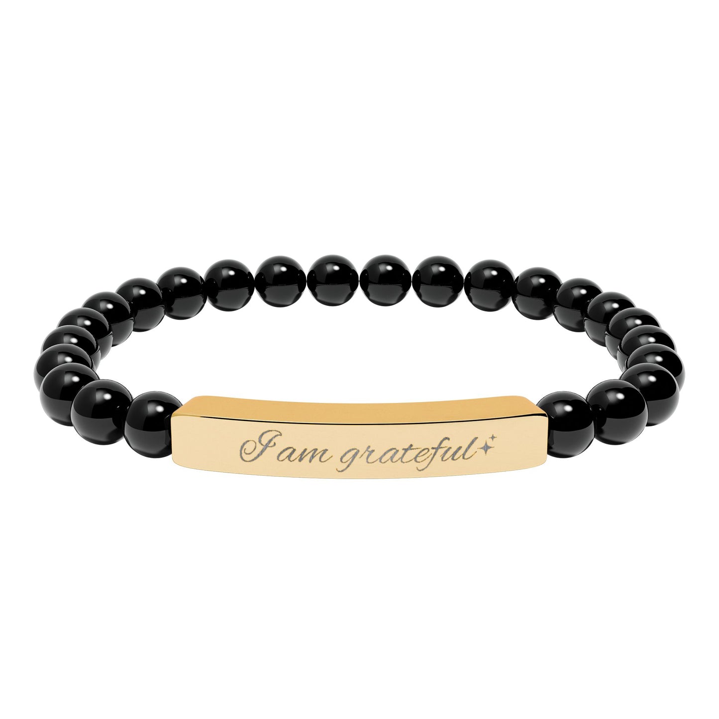 Engraved Natural Stone Stretch Bar Bracelet — "I am Grateful"