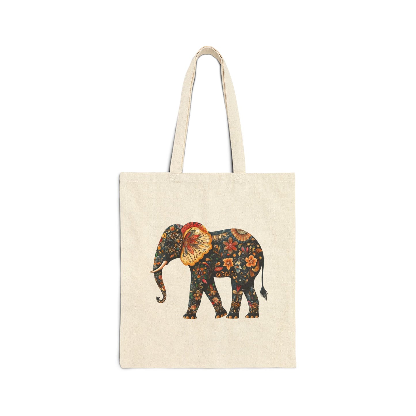 Elephant Whimsical Floral Folk Art Cotton Canvas Tote Bag, Eco-Friendly Grocery Bag, Book Bag, Beach Bag, Reusable Shopping Tote