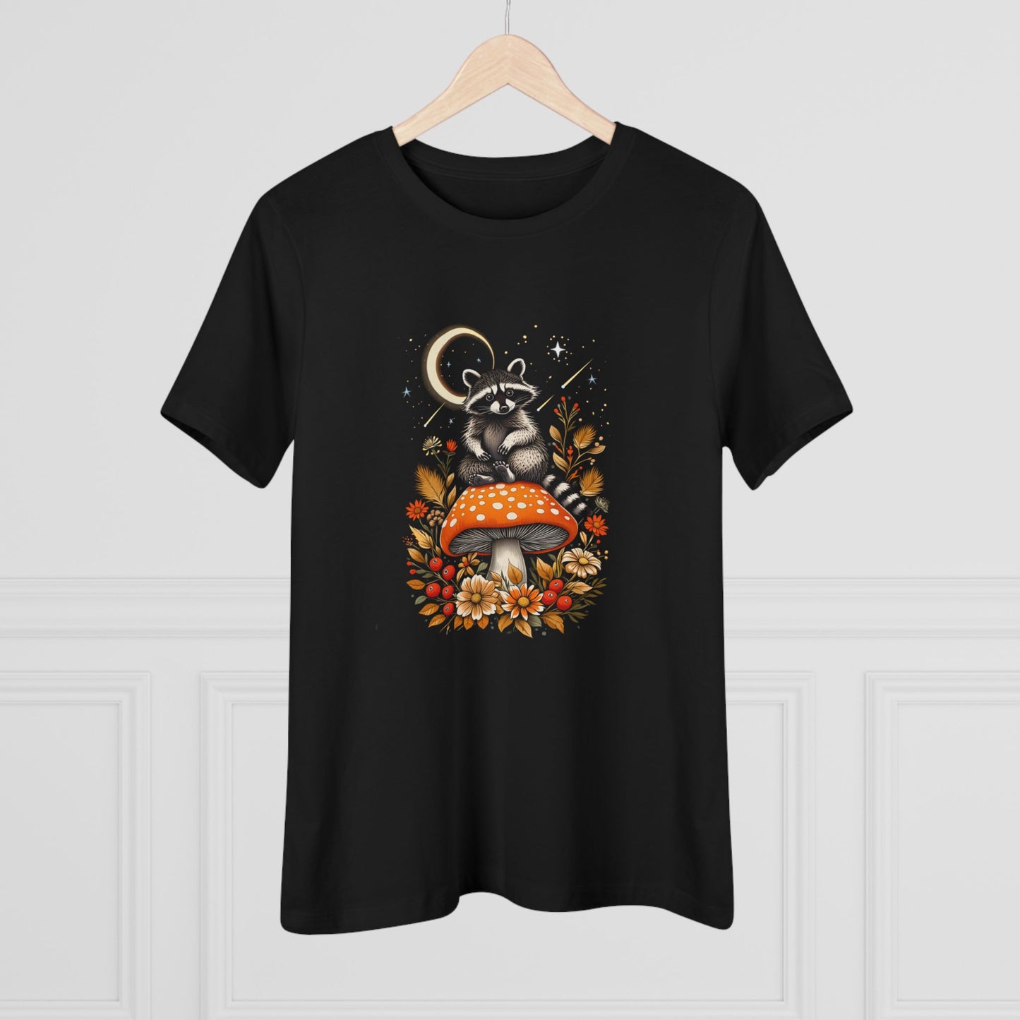 Mushroom Whimsical Raccoon Women's Cotton Tee - Cute Nature Shirt for Animal Lovers, Gifts for Moms, Fall Fashion, Eco-Friendly Wear