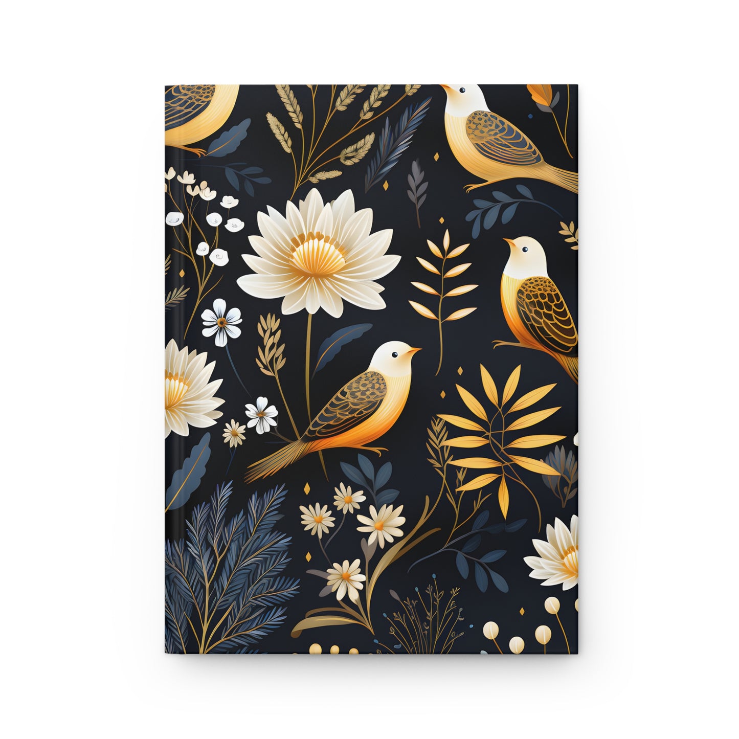 Floral Birds Hardcover Journal — Gold & Navy Botanical Notebook