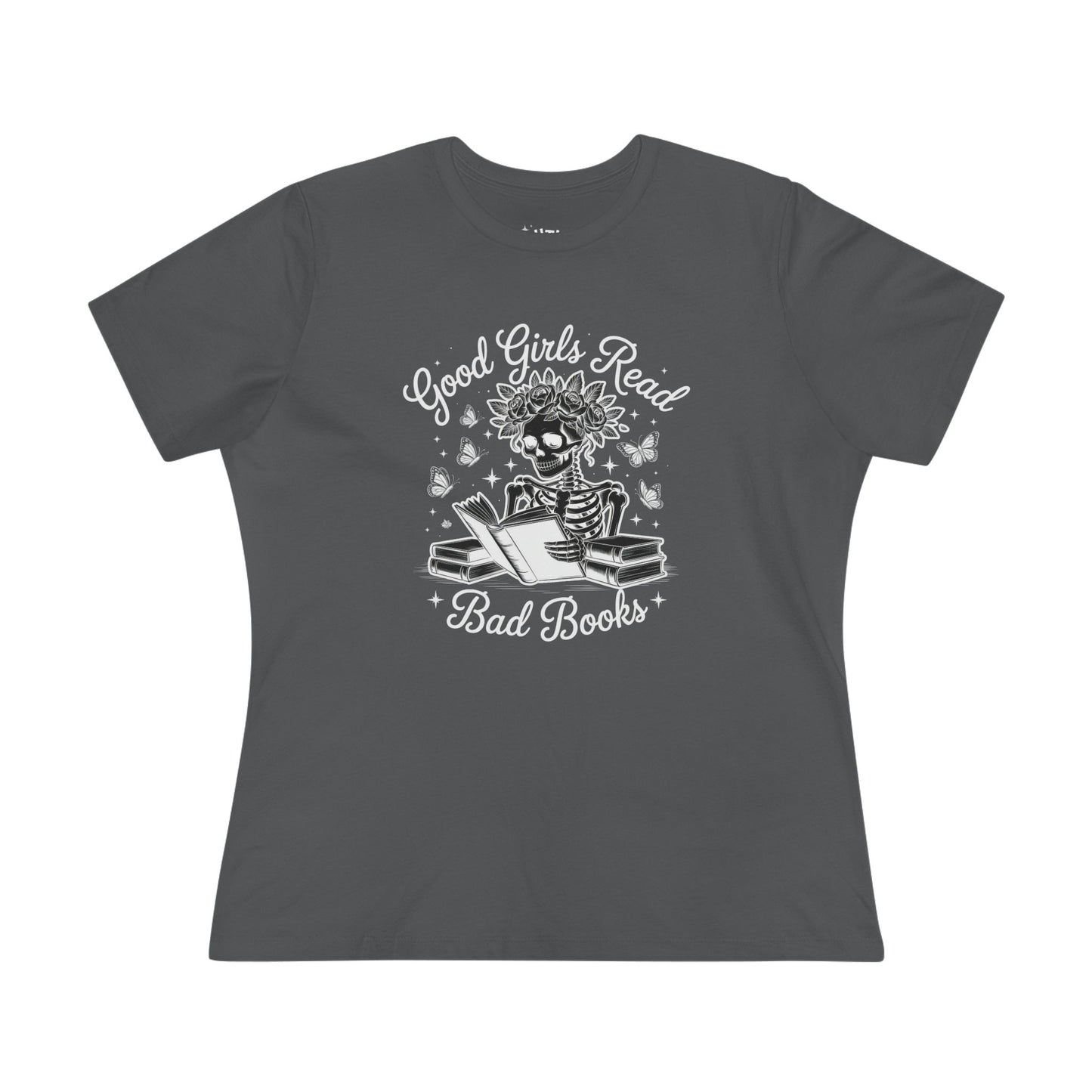 Reading Skeleton Cotton Tee, Good Girls Read Bad Books - Romantasy Book Lover Gift