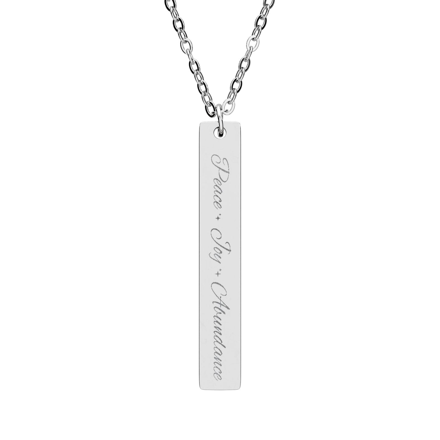 Peace Joy Abundance Engraved Vertical Bar Necklace — Good Vibes Pendant