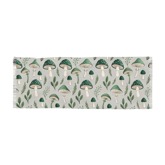 Mushroom Pattern Scarf - Botanical Green Fungi Lightweight Wrap