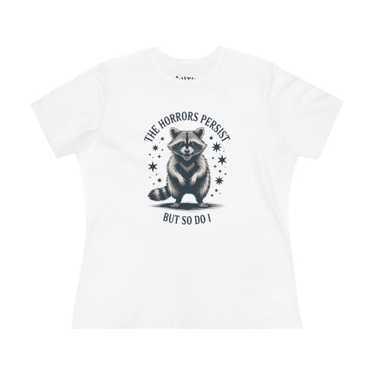 The Horrors Persist Women's Cotton Tee, Funny Raccoon Shirt, Gift for Nature Lovers, Cute Animal T-Shirt, Casual Wear, Wildlife [...]