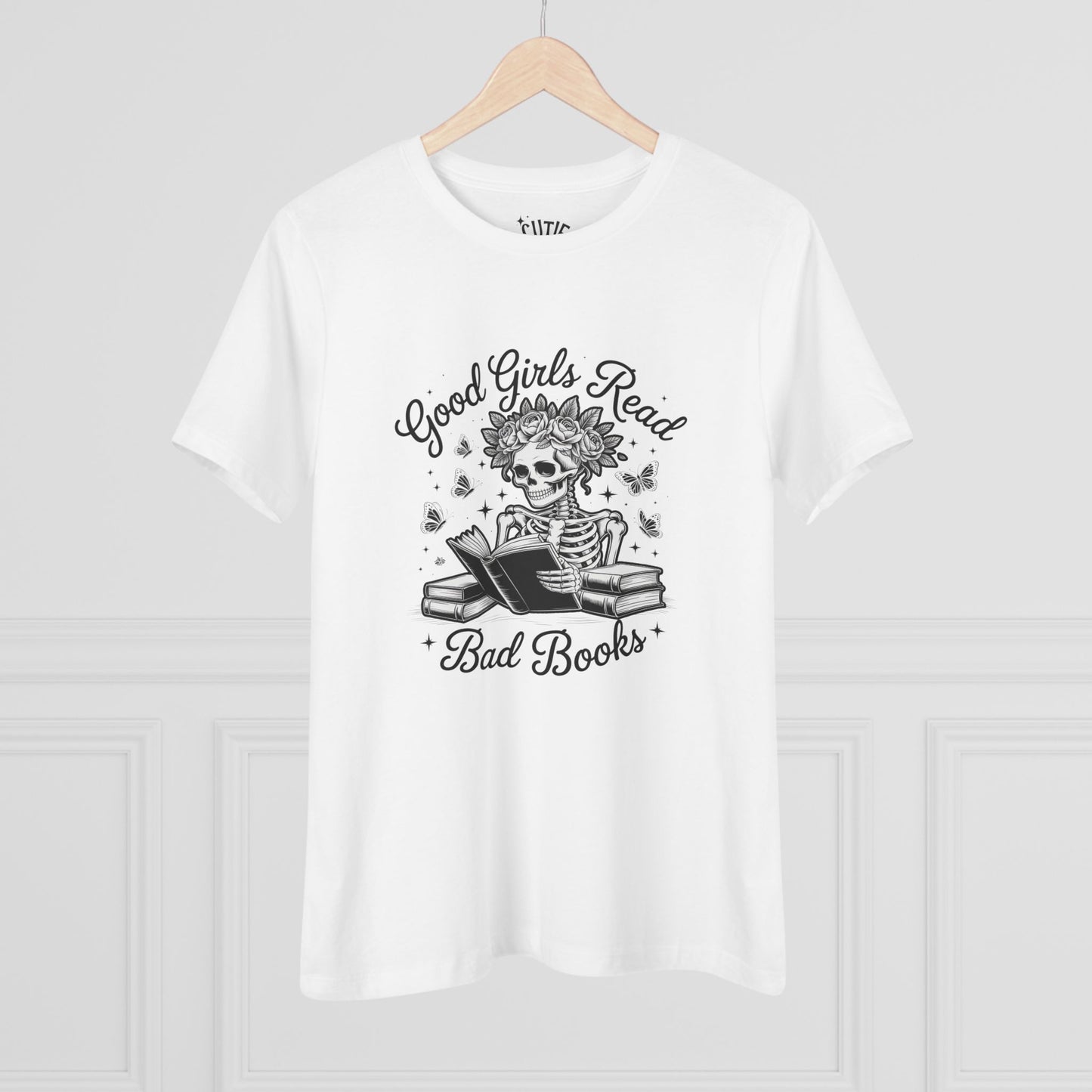 Reading Skeleton Cotton Tee, Good Girls Read Bad Books - Romantasy Book Lover Gift
