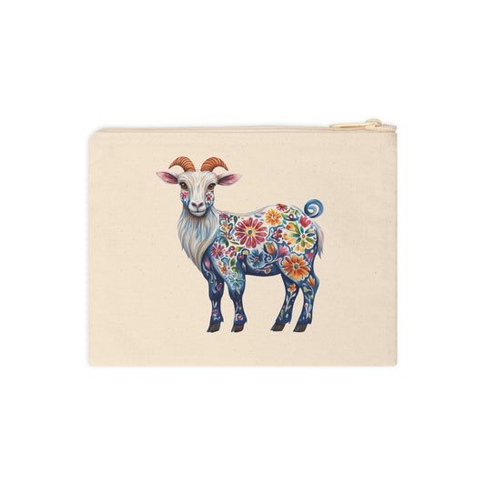 Floral Goat Folk Art Zipper Pouch, Cute Animal Pouch, Eco-Friendly Organizer, Gift for Animal Lovers, Colorful Storage Bag