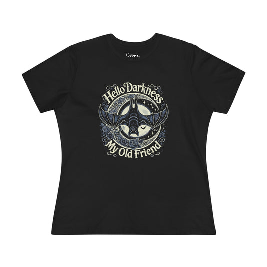 Bat Hello Darkness Dark Humor Women's Cotton Tee, Funny Graphic Top, My Old Friend Shirt, Gift for Music Lovers, Casual Wear for Any Occasion