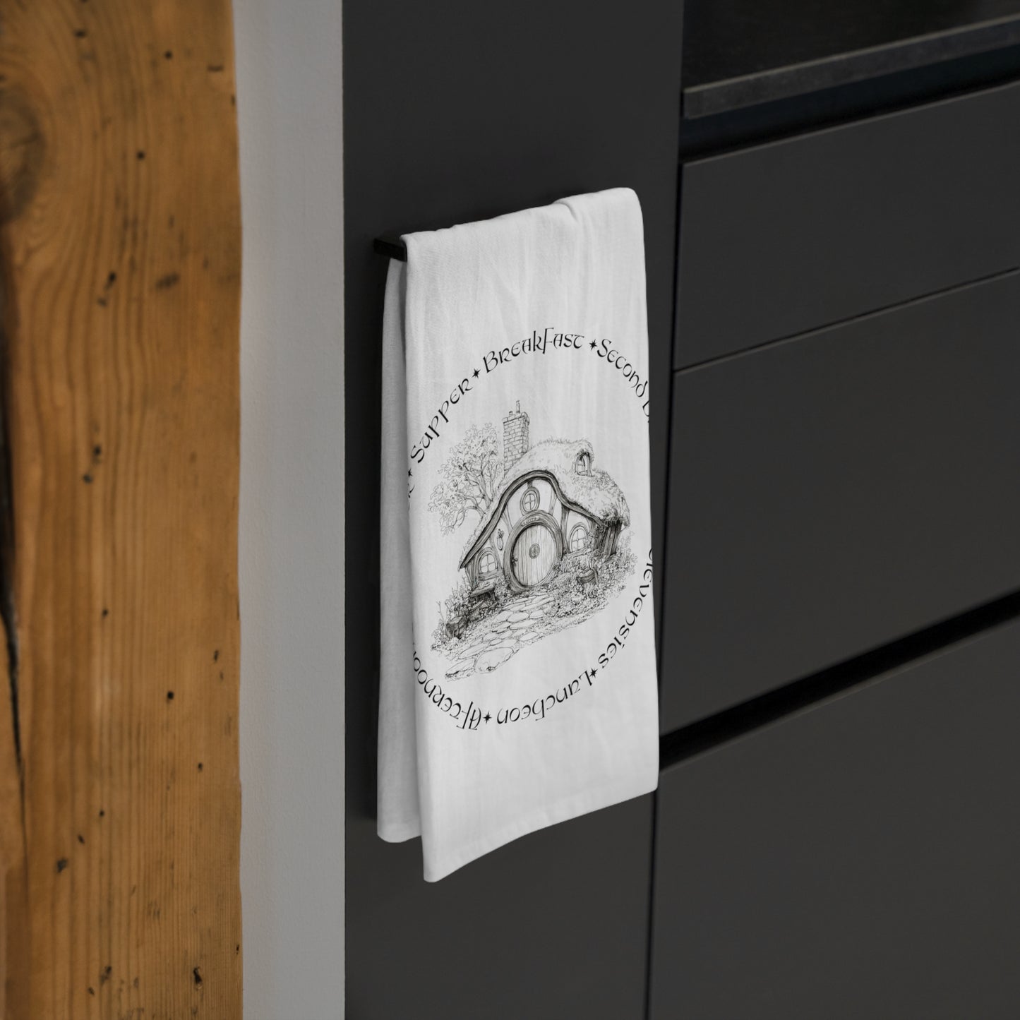 Hobbit Hole Illustration Tea Towel — Cozy Middle‑Earth Kitchen Decor