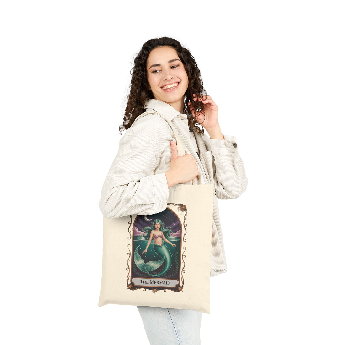Mermaid Tarot Card Cotton Canvas Tote Bag, Eco-Friendly Shopping Bag, Cute Gift for Beach Lovers, Bohemian Tote, Summer Accessory
