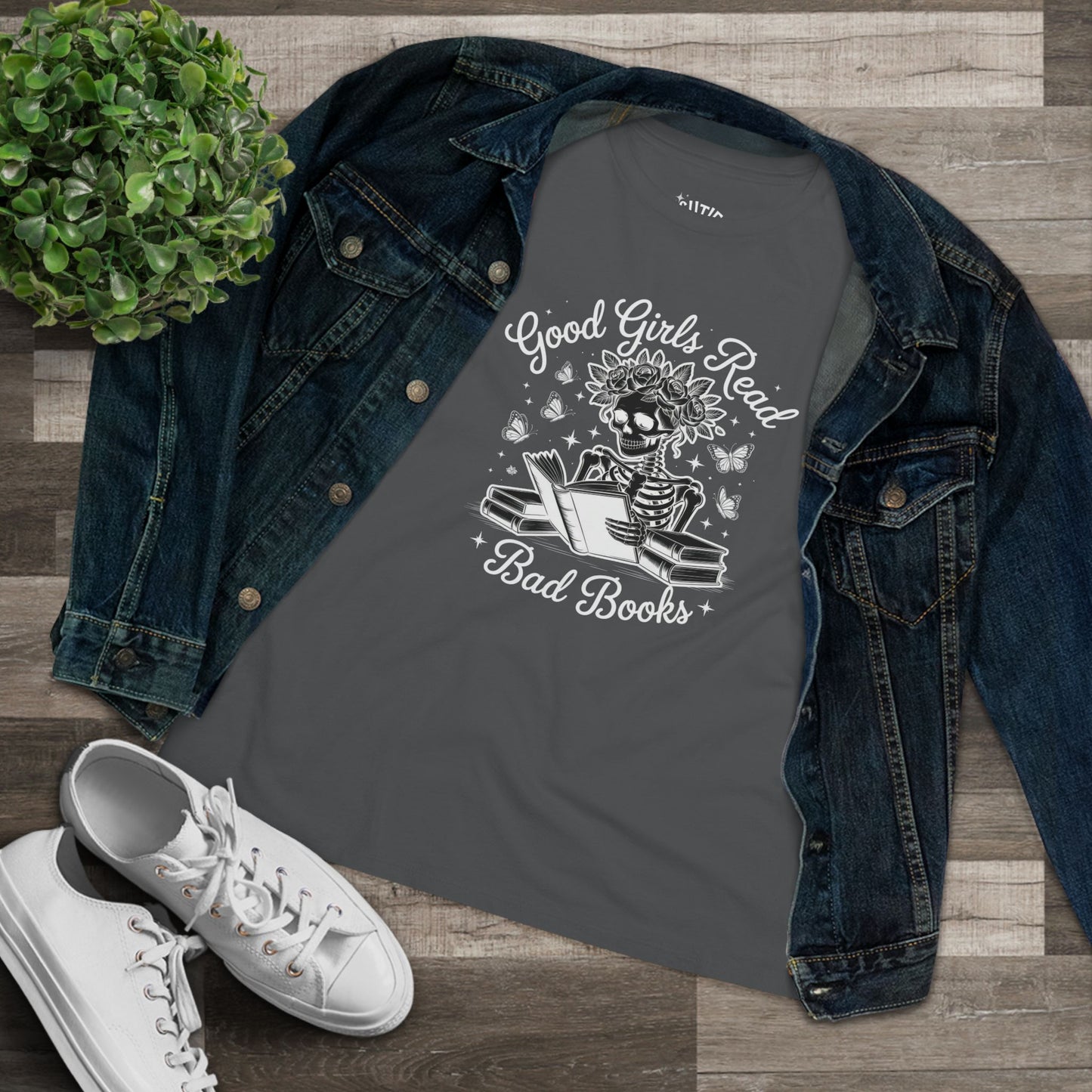 Reading Skeleton Cotton Tee, Good Girls Read Bad Books - Romantasy Book Lover Gift
