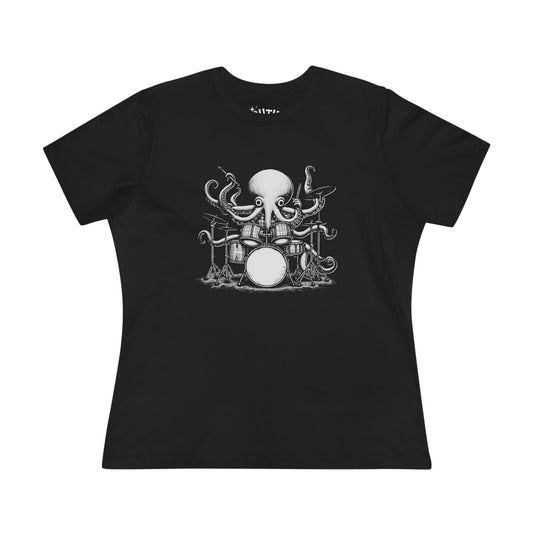 Octopus Drummer Women's Cotton Tee - Music Lover Whimsical Tee