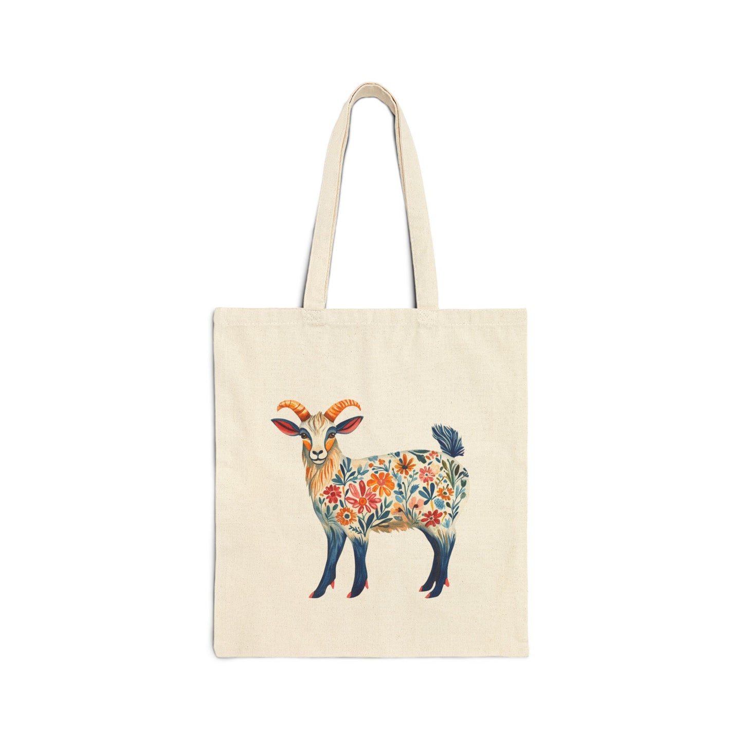 Floral Folk Art Goat Cotton Canvas Tote Bag