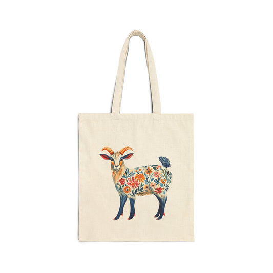 Floral Folk Art Goat Cotton Canvas Tote Bag