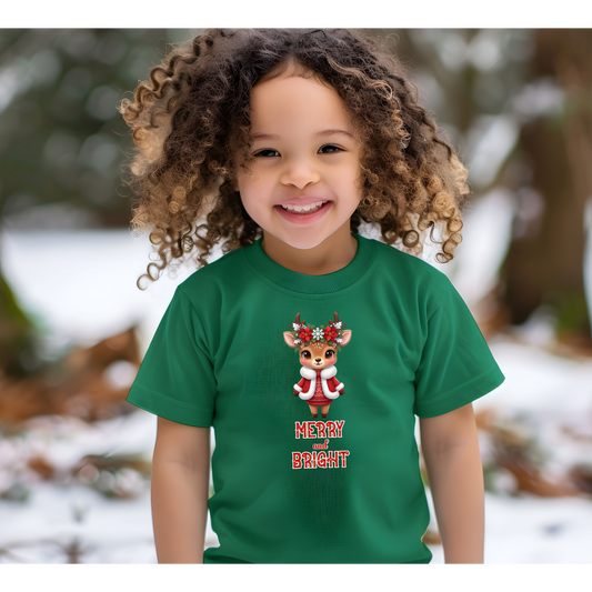 Merry and Bright Baby Reindeer Toddler Tee | Cute Reindeer Design | Christmas Outfit, Kids Holiday Shirt, Festive Toddler Wear, Winter Apparel