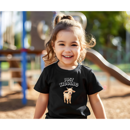Just Kidding Baby Goat Pun Toddler Shirt with 25% of Proceeds to Goatlandia Farm Animal Sanctuary
