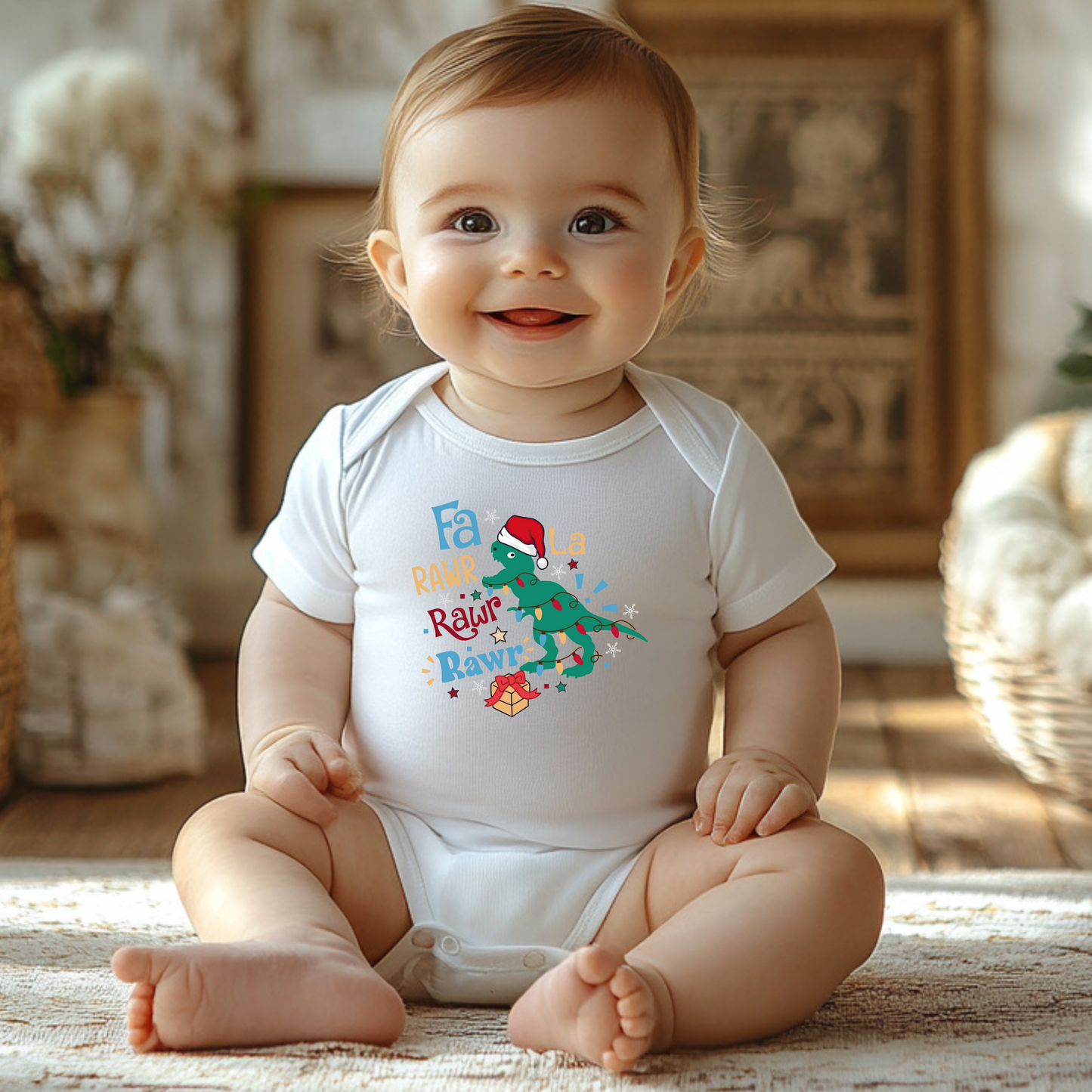 Dinosaur Christmas Bodysuit, Baby Onesie, Holiday Outfit, Christmas Gift, Cute Infant Clothing